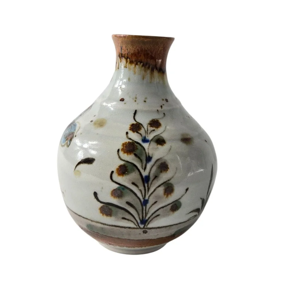 Vintage Ken Edwards Pottery Vase Tonala Butterfly Flowers Bunny Rabbit Sign 5.5